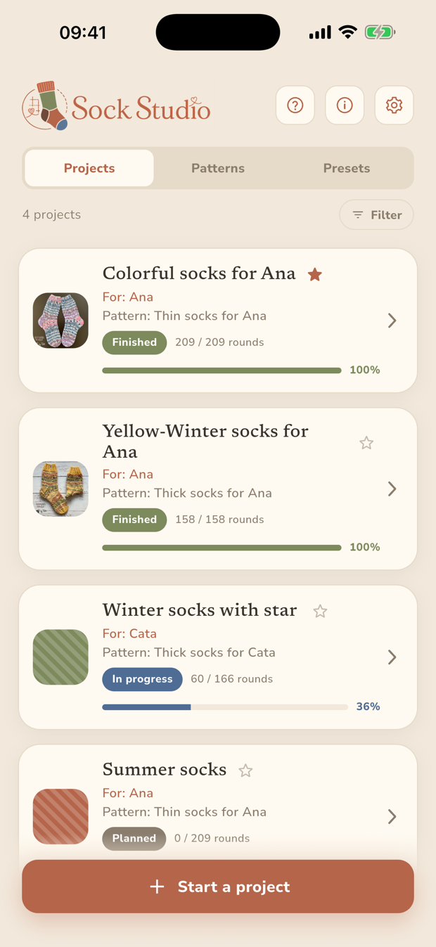 Sock Studio's project list, showing four pairs of socks with their patterns, who they are for, and a progress bar for each.