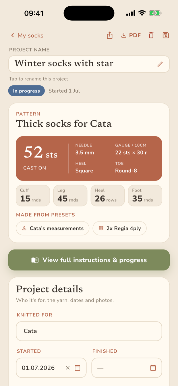 A project summary showing the pattern's stitch count, needle size, gauge, heel and toe, and the yarn it was made from.