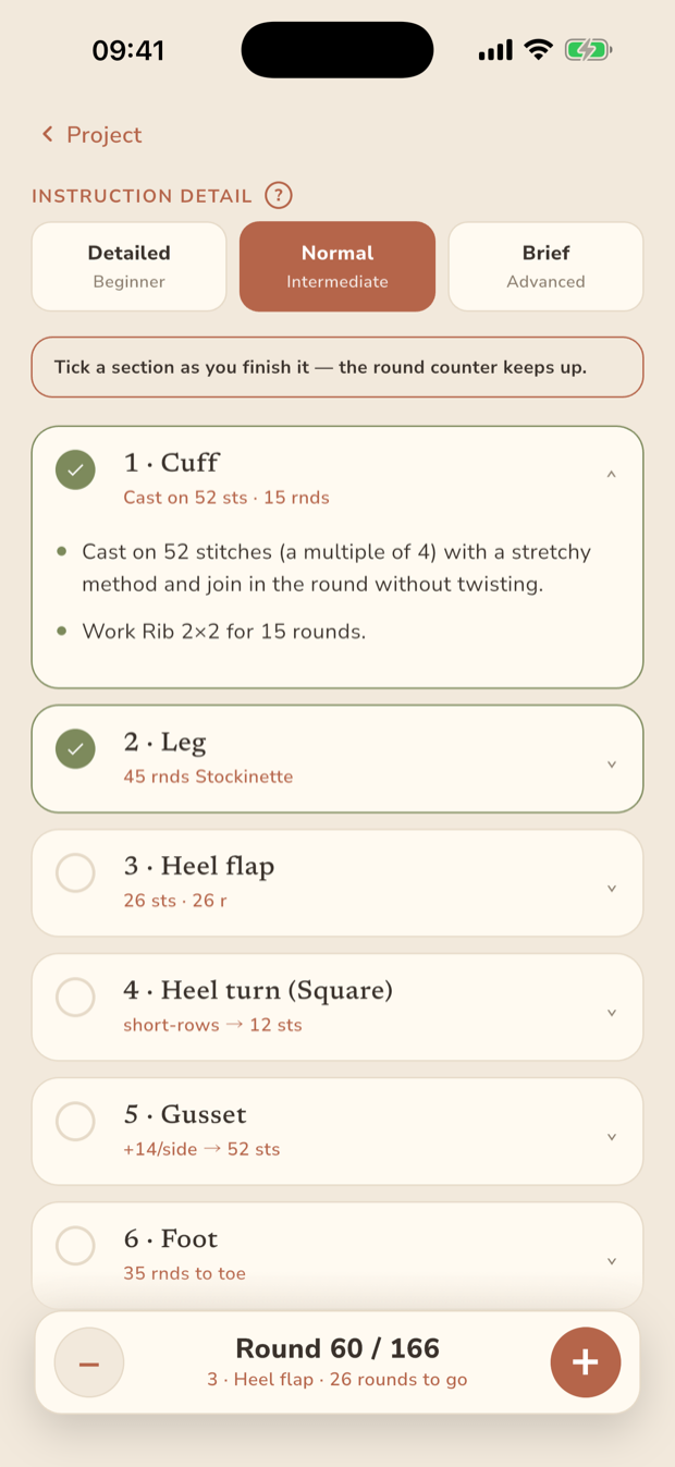 Step-by-step knitting instructions for a project, with checkable steps and a round counter.