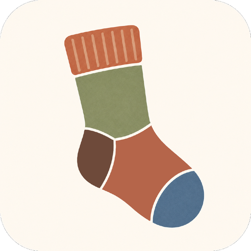 The Sock Studio app icon — a knitted sock in green, terracotta and blue.
